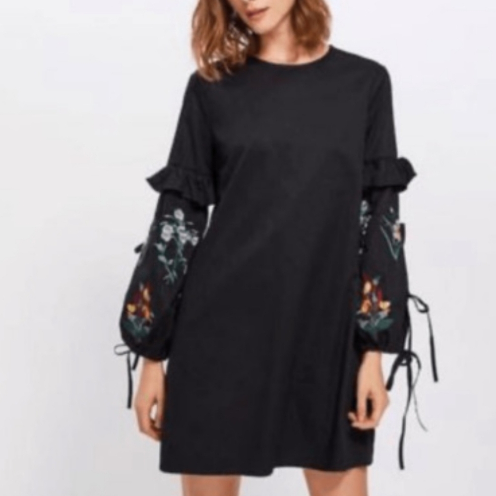 Zara Black Cotton Floral Embroidered Mini Dress